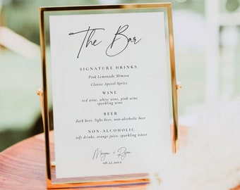 Plantilla de menú de barra de bodas moderna, letrero de boda de menú de barra minimalista, letrero de bebida de boda imprimible, editable, descarga, plantilla