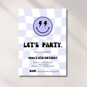 Birthday Invitation for Girl, Smile Face, Editable Template, Modern Happy Invite, 8th, 10th, 11, 13th, 15th, Teen Bday Party , Purple