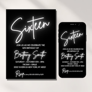 16. Geburtstag Einladung für Jungen oder Mädchen, digitale Vorlage, 16 Bday, Neonlichter, Neon, lädt für Teenager ein, sofortiger Download bearbeitbare Datei