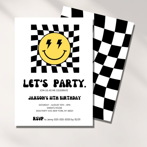 Birthday Invitation Boy, Smiley Face, Checkered Invite, Digital Template, 5th, 7th, 10, 13th, Kids Bday Party, Cool, Editable