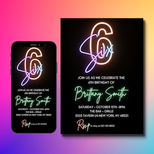 6th Birthday Invitation for girl, Rainbow, Editable Template, 6 Bday Invites, Neon Light, Digital File, Instant Download