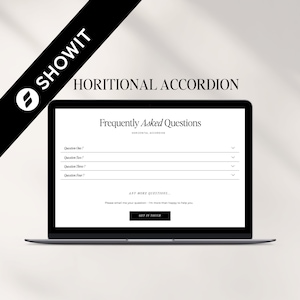 May include: A laptop screen displaying a website with a frequently asked questions section. The website has a horizontal accordion design with the text "Frequently Asked Questions" and "HORIZONTAL ACCORDION" at the top. The website also has a "GET IN TOUCH" button.