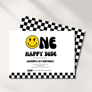 Boy 1st Birthday Invitation Template , One Happy Dude Lightning Bolt Eyes ,Smiley Face Checkered  ,First Bday Editable Printable Invite