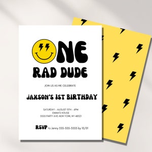 One Rad Dude Invitation boy, 1st Birthday, Smile Face, Editable Template, Bday Invite, Instant Download, Kids Party, Digital