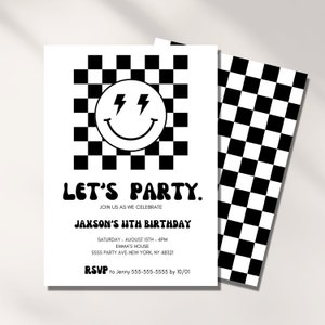 Invitation d'anniversaire garçon, visage souriant, invitation à carreaux, modèle numérique, 5e, 7e, 10, 13e, fête d'anniversaire pour enfants, cool, modifiable
