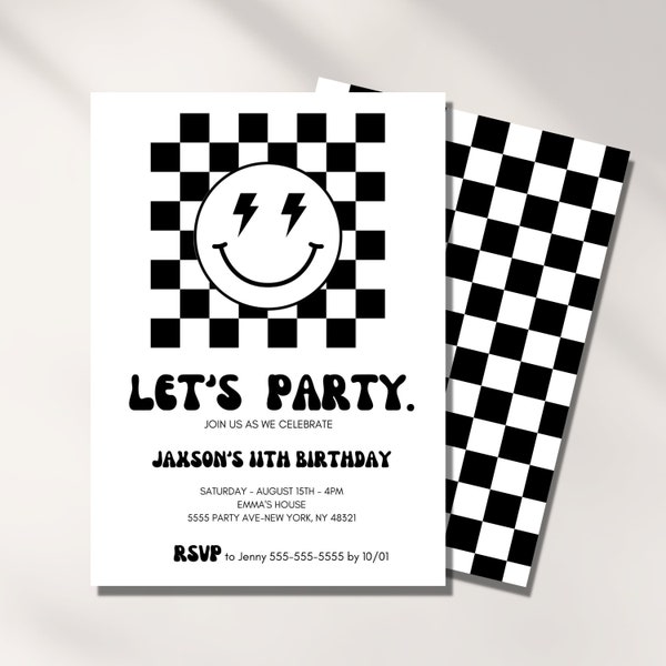 Birthday Invitation Boy, Smiley Face, Checkered Invite, Digital Template, 5th, 7th, 10, 13th, Kids Bday Party, Cool, Editable