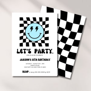 Verjaardagsuitnodiging jongen, glimlach gezicht, geruite uitnodiging, digitale sjabloon, 5e, 7e, 10, 13e, Kids Bday Party, Cool, bewerkbaar