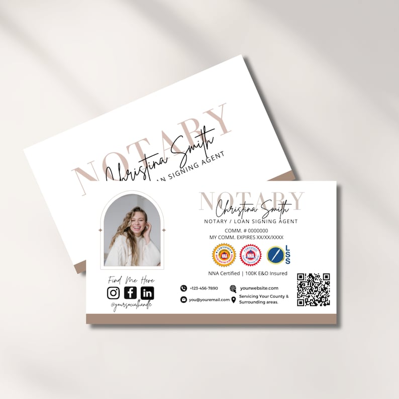May include: Business card design featuring the name "Christina Smith" and the title "Notary / Loan Signing Agent." The card includes a headshot, contact information, and social media icons. The design is primarily white and beige with a modern aesthetic.