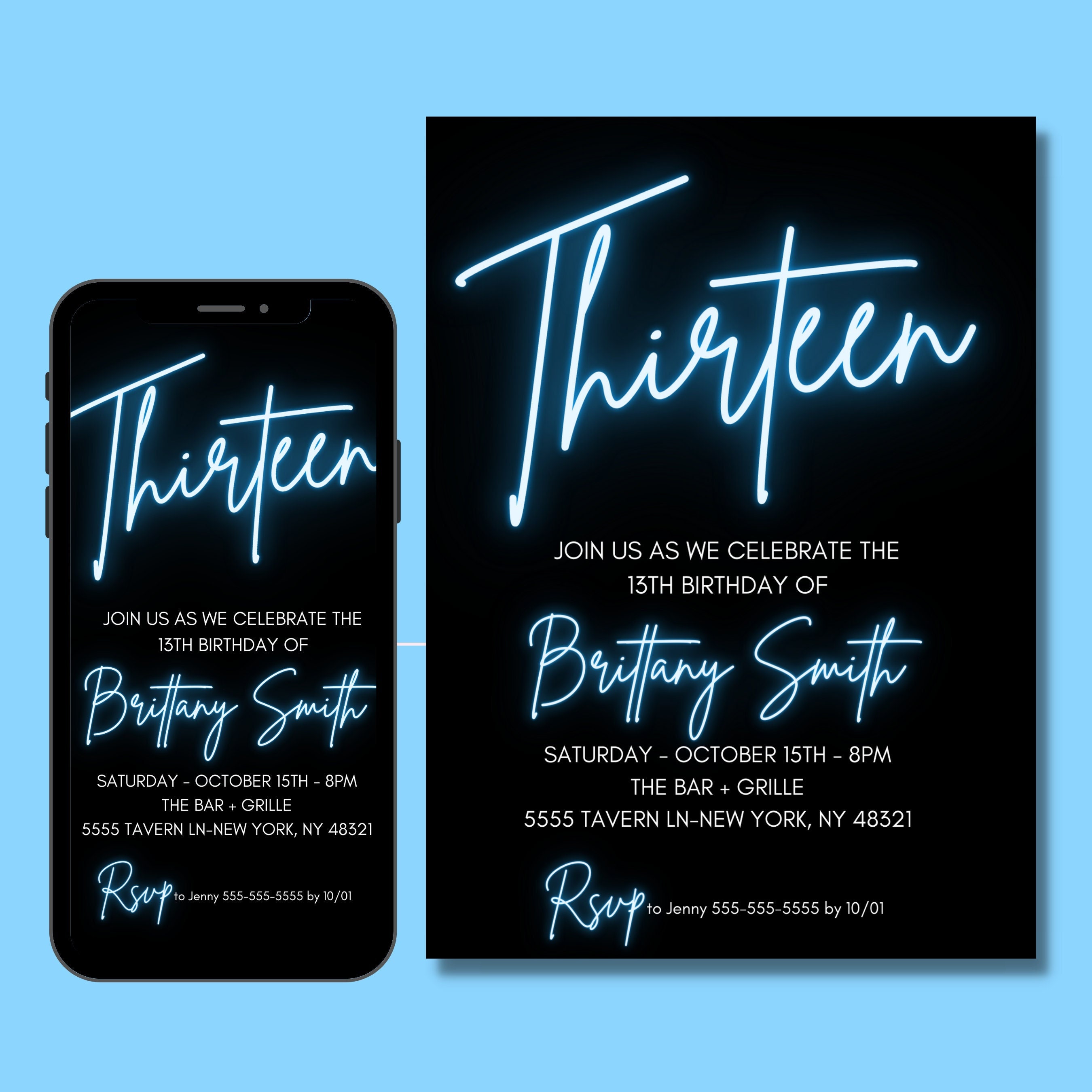 13th Birthday Invitation for Girl Blue Editable Template 13 - Etsy