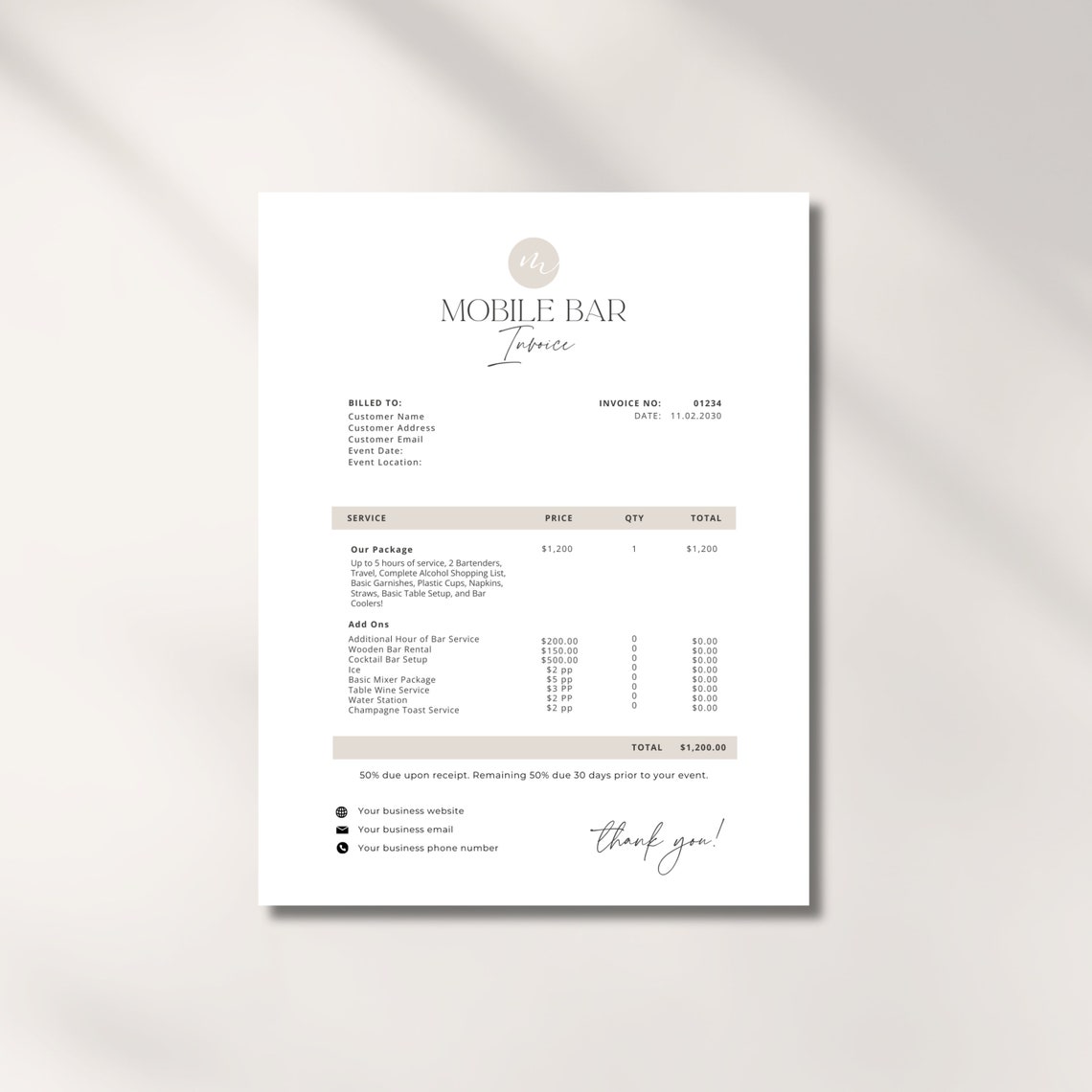 Mobile Bar Invoice, Custom Mobile Bar Invoice Template , Printable Bar ...
