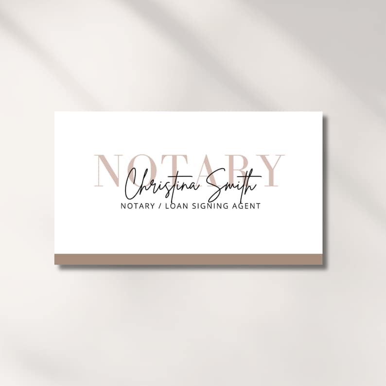 May include: A business card design with the word "NOTARY" in a light brown color at the top. The name "Christina Smith" is written in elegant cursive script. Below, it reads "NOTARY / LOAN SIGNING AGENT". A light brown band is at the bottom.