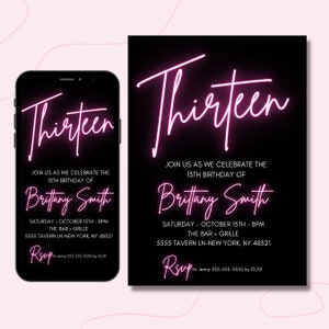 13th Birthday Invitation for girl, Hot Pink, Editable Template, 13 Bday Invites, Neon Light, Digital File, Instant Download