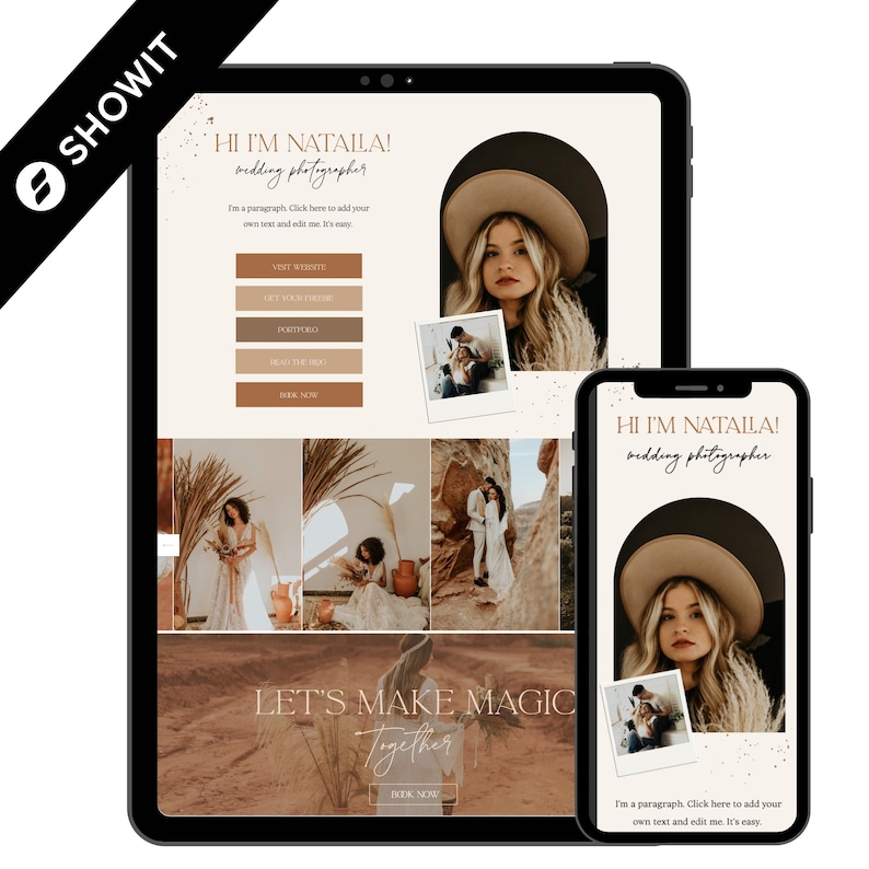 K&ouml;nnte beinhalten: Eine Website-Startseite f&uuml;r eine Hochzeitsfotografin namens Natayla. Die Website zeigt eine Collage von Fotos von Paaren in einer W&uuml;stenlandschaft, mit Text, der "Hi I'm Natayla! Wedding Photographer" und "Let's Make Magic Together" lautet.