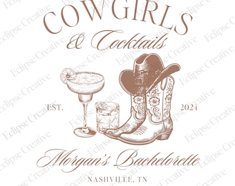 Vaqueras y cócteles Logotipo de despedida de soltera Vamos chicas Diseño de Bach Plantilla de Nashville Bach PNG Cowgirl Social Club Plantilla de Canva editable