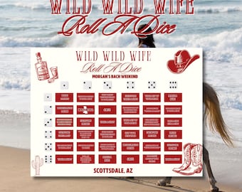Juego imprimible para despedida de soltera "Wild Wild Wife", juego de dados para beber estilo vaquera, juego para despedida de soltera estilo western, plantilla editable de Canva, Bach Games
