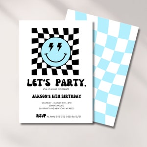 Birthday Invitation Boy, Smile Face, Checkered Invite, Digital Template, 5th, 7th, 10, 13th, Kids Bday Party, Cool, Editable