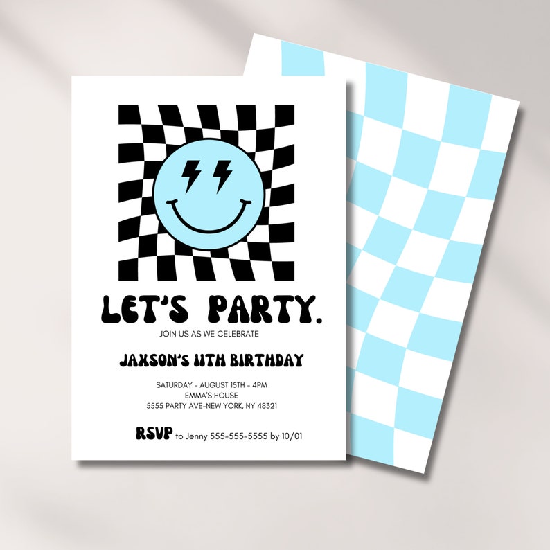 Birthday Invitation Boy, Smile Face, Checkered Invite, Digital Template, 5th, 7th, 10, 13th, Kids Bday Party, Cool, Editable