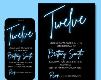 12th Birthday Invitation for girl or boy, Blue, Editable Template, 12 Bday Invites, Neon Light, Digital File, Instant Download
