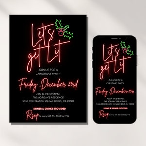 Christmas Party Invitation Funny, Digital Template, Holiday Invites, Let&#39;s get Lit, For Adults, Neon Light, Xmas, season