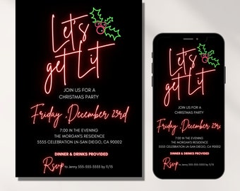 Convite para festa de Natal engraçado, modelo digital, convites de férias, vamos nos iluminar, para adultos, luz neon, Natal, temporada