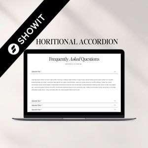 May include: A laptop screen displaying a website with a frequently asked questions section. The website has a horizontal accordion menu with the text "Question One?" and "Question Two?" visible. The text "Frequently Asked Questions" is displayed at the top of the screen.