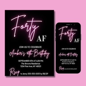40th Birthday Invitation for Women, 40th Birthday Invitation Printable, Neon, Electronic Invite, Text Invite, Forty and Fabulous