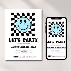 Birthday Invitation Boy, Smile Face, Checkered Invite, Digital Template, 5th, 7th, 10, 13th, Kids Bday Party, Cool, Editable