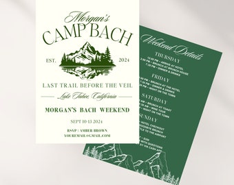 Camp Bachelorette Invite Template, Editable Canva Template,Bride's Last Trail Invite ,Wild In The Woods Bach, Lake Bachelorette Itinerary