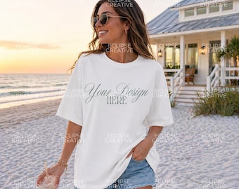 Mockup Comfort Colors 1717, mockup marfim, mockup de camiseta de praia, C1717, mockup de camiseta oversized, mockup de verão