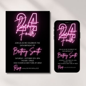 24th Birthday Invitation, Twenty Four Birthday, Pink Neon Birthday Invitation, Birthday Invite for Women, Digital Invitation, Editable