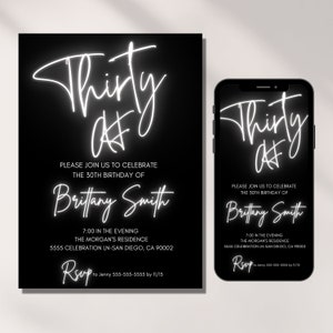 Thirty AF Invitation, 30th Birthday Invites funny, for woman, Digital Template, 30 AF Bday, Neon Light, Editable Download