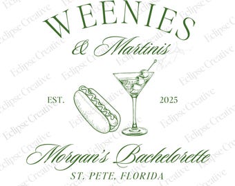 Weenies and Martinis Bachelorette Logo Weenies & Tinis Social Club Hot Dog Bach Theme Classy Dirty Martini Shirt Logo Canva Template Design