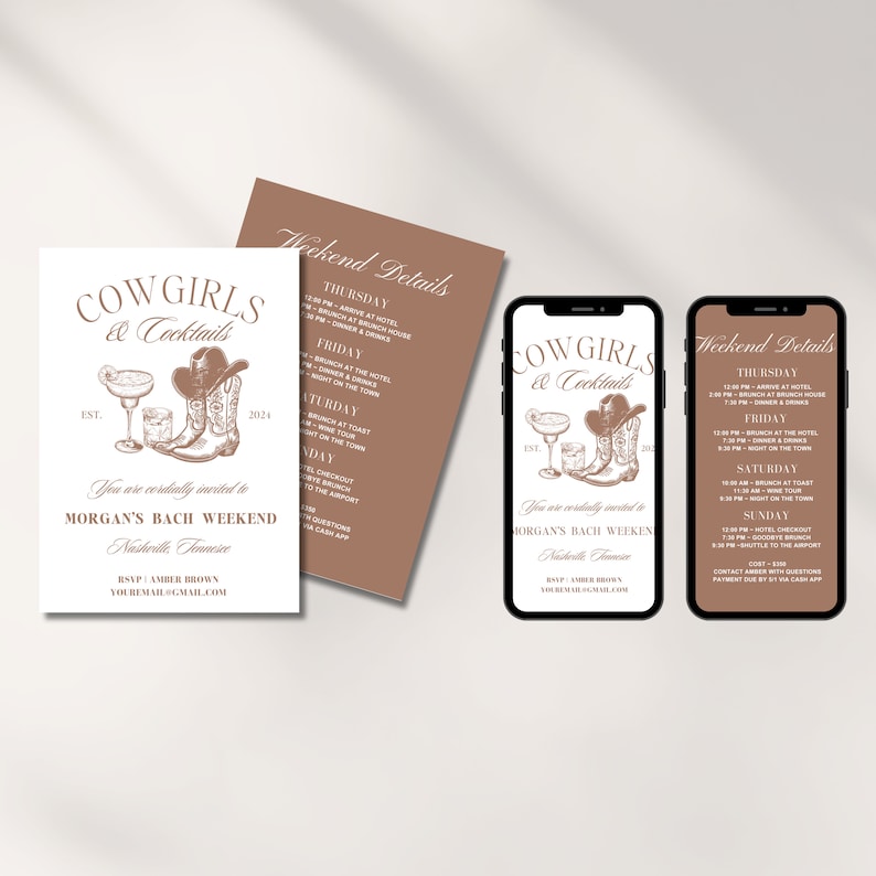 May include: A printable invitation for a bachelorette party weekend with a cowgirl theme. The invitation features a drawing of cowboy boots, a margarita glass, and a cocktail glass. The text on the invitation reads "Cowgirls & Cocktails" and "You are cordially invited to Morgan's Bach Weekend Nashville, Tennessee".