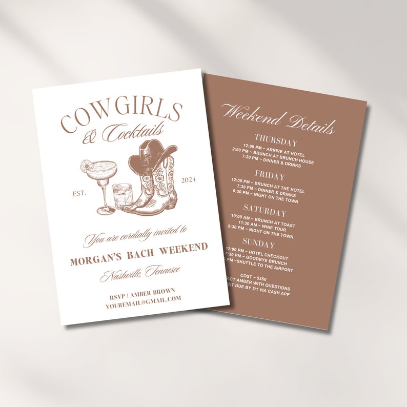 Cowgirls And Cocktails Bachelorette Invitation Cowgirl Bach Itinerary Nashville Bach Last Rodeo Bachelorette Invite Western Canva Template