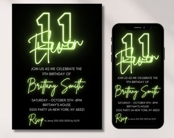 11th Birthday Invitation for girl or boy, Green, Editable Template, 11th Bday Invites, Neon Light, Digital File, Instant Download