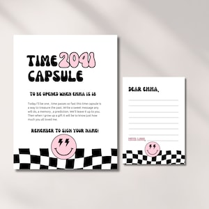 Editable One Happy Babe Time Capsule, One Happy Girl Guest Book, Retro Lightning Bolt Eyes Smiley Face Time Capsule Girl Birthday