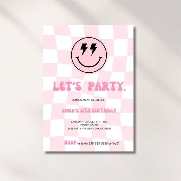 Birthday Invitation for Girl, Smiley Face, Editable Template, Modern Happy Invite, 8th, 10th, 11, 13th, 15th, Teen Bday Party , Pink