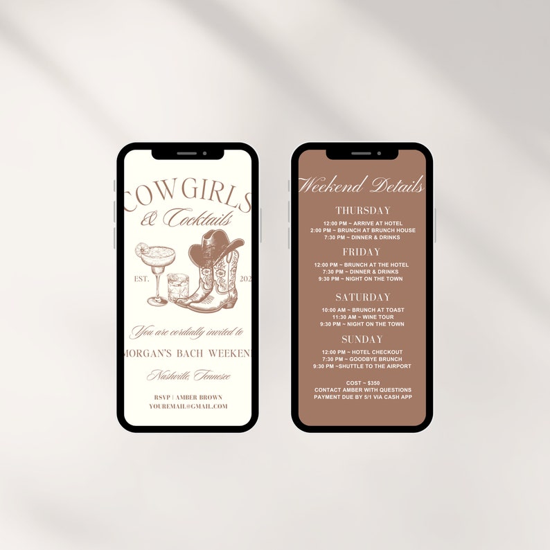 May include: A digital invitation for a bachelorette weekend in Nashville, Tennessee. The invitation features a cowgirl theme with a pair of cowboy boots, a cowboy hat, and a margarita glass. The text reads "Cowgirls & Cocktails" and "You are cordially invited to Morgan's Bach Weeken Nashville, Tennessee". The invitation also includes a schedule of events for the weekend, including brunch, dinner, and night on the town.