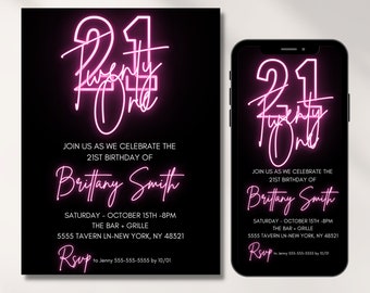 21st Birthday Invitation Electronic, Editable Template, for girl, 21, SMS Invite, Neon Hot Pink, Digital, 21 for her