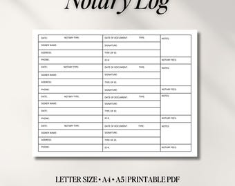 Notary Log Printable | Notary Journal PDF | Notary Record Book | Digital Download | Notary Public Supplies | US Letter, A4, A5