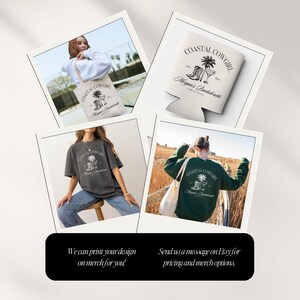 Puede incluir: Un conjunto de cuatro im&aacute;genes que muestran diferentes productos con un dise&ntilde;o que dice "Coastal Cowgirl" con una palmera, botas de vaquero y un vaso de margarita. El dise&ntilde;o tambi&eacute;n incluye el texto "Morgan's Bachelorette" y "Est. 2023". Los productos incluyen una bolsa de mano, una camiseta, una sudadera y un enfriador de latas.