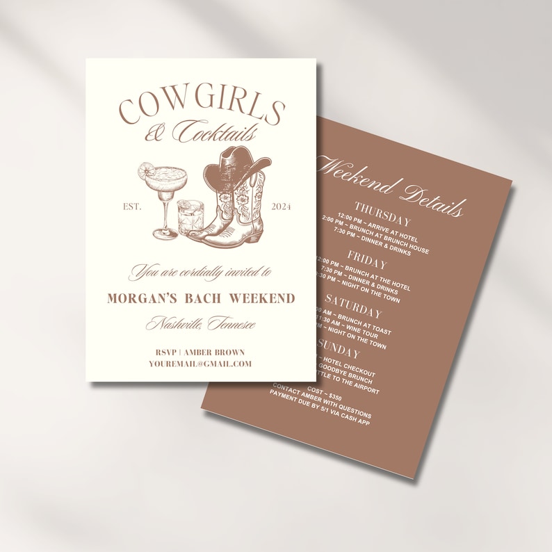 Cowgirls And Cocktails Bachelorette Invitation Cowgirl Bach Itinerary Nashville Bach Last Rodeo Bachelorette Invite Western Canva Template