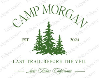 Camp Bachelorette-logo-ontwerp, bewerkbare canva-sjabloon, Camp Bach-crew, Last Trail Before The Veil, aangepast kamplogo, aangepast Bach Party-logo