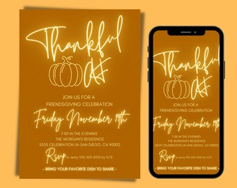Thankful AF Invitation Template, Friendsgiving Funny, Editable Template, Thanksgiving Dinner Invite friends, Digital Download