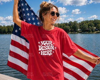 Comfort Colors 1717 Red Mockup, Oversized Tshirt Mockup, 4th of July Shirt Mockup, American Flag Mockup, Lake Lifestyle Mockup
