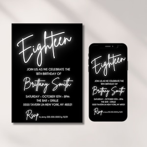 18th Birthday Invitation Digital, Editable Template, 18 Bday, Neon Lights, Invites for teen, Instant Download