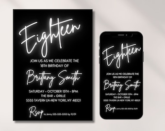18th Birthday Invitation Digital, Editable Template, 18 Bday, Neon Lights, Invites for teen, Instant Download