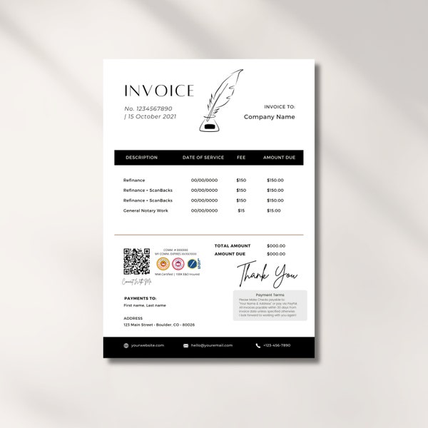 Notary Invoice Template | Invoice for Notary Public | Loan Signing Agent Invoice | Loan Signing Agent Supplies