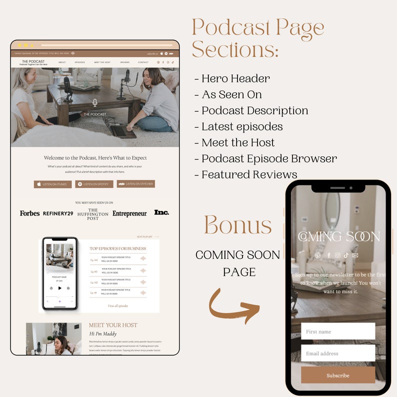 Peut inclure: Une maquette de site Web pour un podcast avec un fond clair et un microphone dans l'en-t&ecirc;te. Le site Web pr&eacute;sente une description du podcast, une liste d'&eacute;pisodes et une section pour rencontrer l'h&ocirc;te. Le site Web comprend &eacute;galement une section pour les avis en vedette et un appel &agrave; l'action pour s'abonner &agrave; la newsletter du podcast.