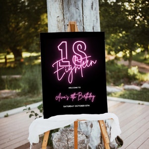 Signo imprimible del 18 cumpleaños, Dieciséis decoraciones de cumpleaños, Decoraciones del 18 cumpleaños, Fiesta de cumpleaños de neón Signo imprimible del 18 cumpleaños